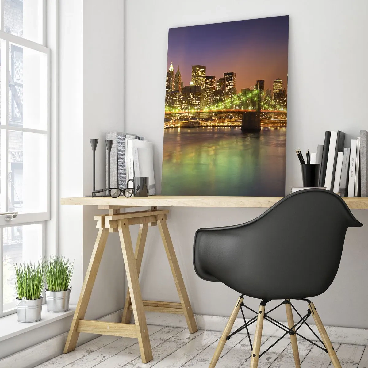 Glasbild - Bild auf glas - Beleuchtete Brücke in einer modernen Stadt bei Nacht - 80x120cm - Hier geht das Licht nie aus - Moderne Wanddekoration für Wohnzimmer und Schlafzimmer ARTTOR