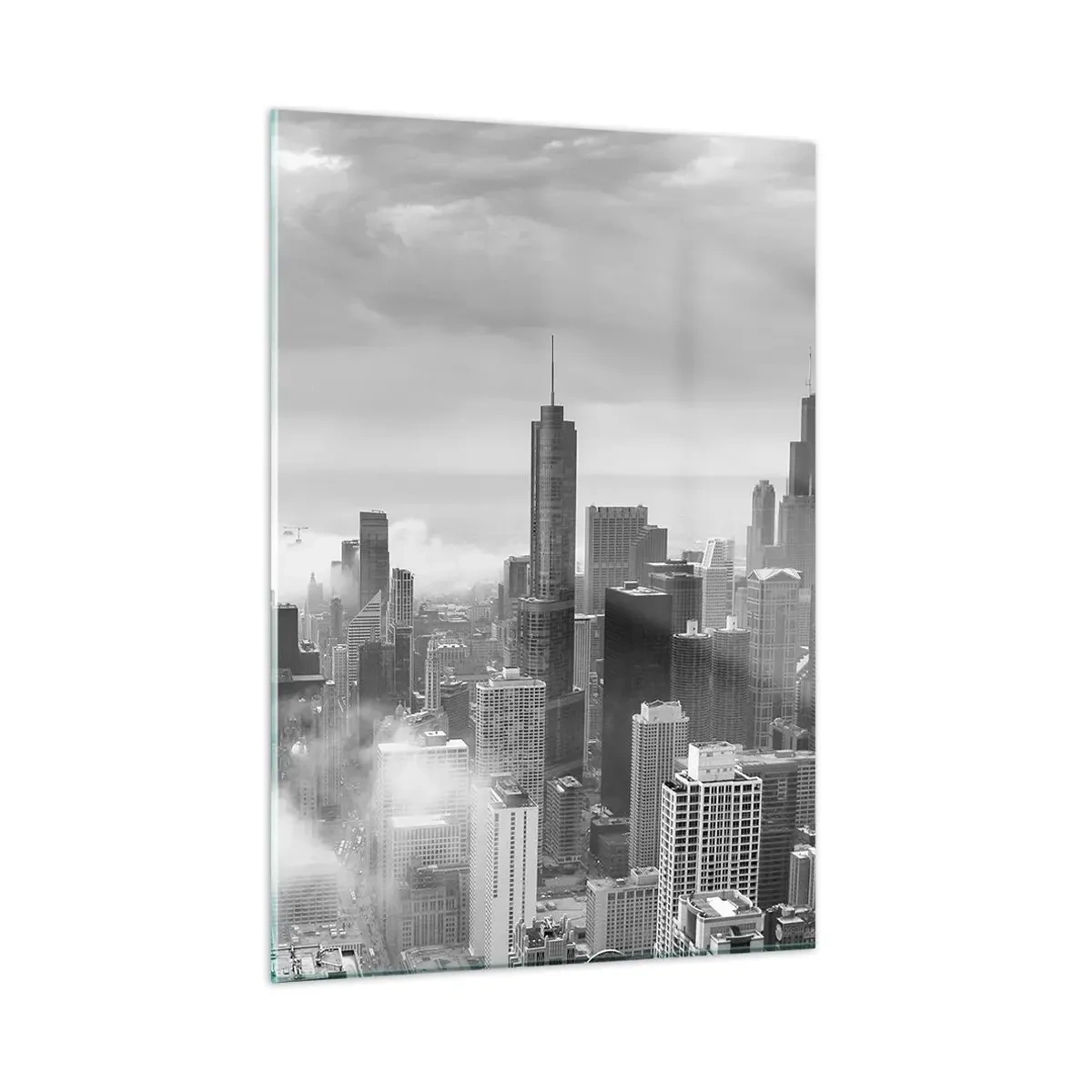 Glasbild - Bild auf glas - Stadtpanorama mit Wolkenkratzern in Schwarzweiß - 50x70cm - Amerikanische Landschaft - Moderne Wanddekoration für Wohnzimmer und Schlafzimmer ARTTOR