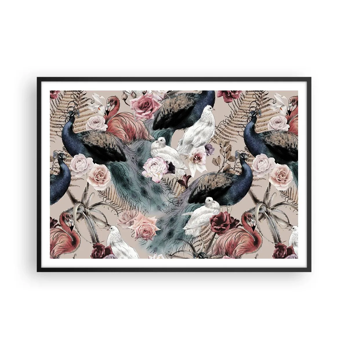 Poster in einem schwarzem Rahmen - Eine Landschaft mit Pfauenfedern, Rosen und Vögeln im romantischen Stil. - 100x70cm - Im Schlossgarten - Moderne Wanddekoration für Wohnzimmer und Schlafzimmer ARTTOR