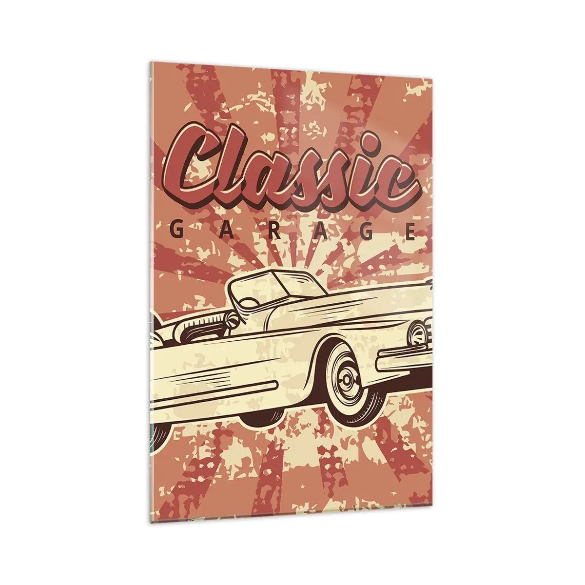 Glasbild - Bild auf glas - Retro-Poster mit einem Oldtimer und der Aufschrift „Classic Garage“ - 80x120cm - Und im Radio, Elvis - Moderne Wanddekoration für Wohnzimmer und Schlafzimmer ARTTOR