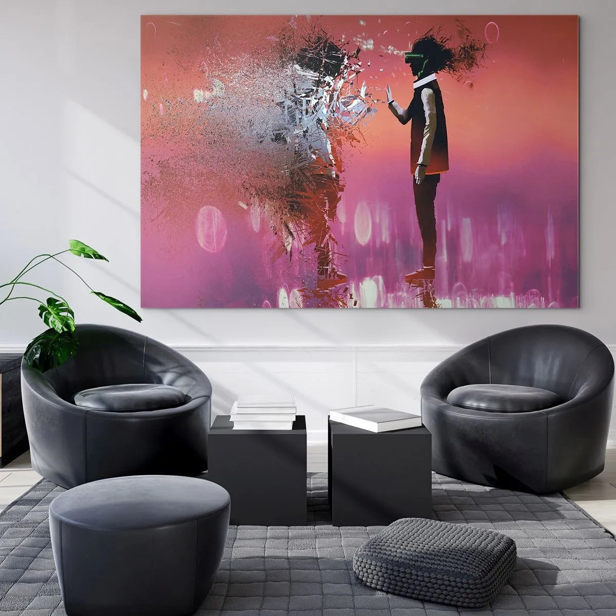 Glasbild - Bild auf glas - Eine Figur in der virtuellen Realität mit einem streuenden Schatten - 70x50cm - Kannst du dich selbst anschauen? - Moderne Wanddekoration für Wohnzimmer und Schlafzimmer ARTTOR