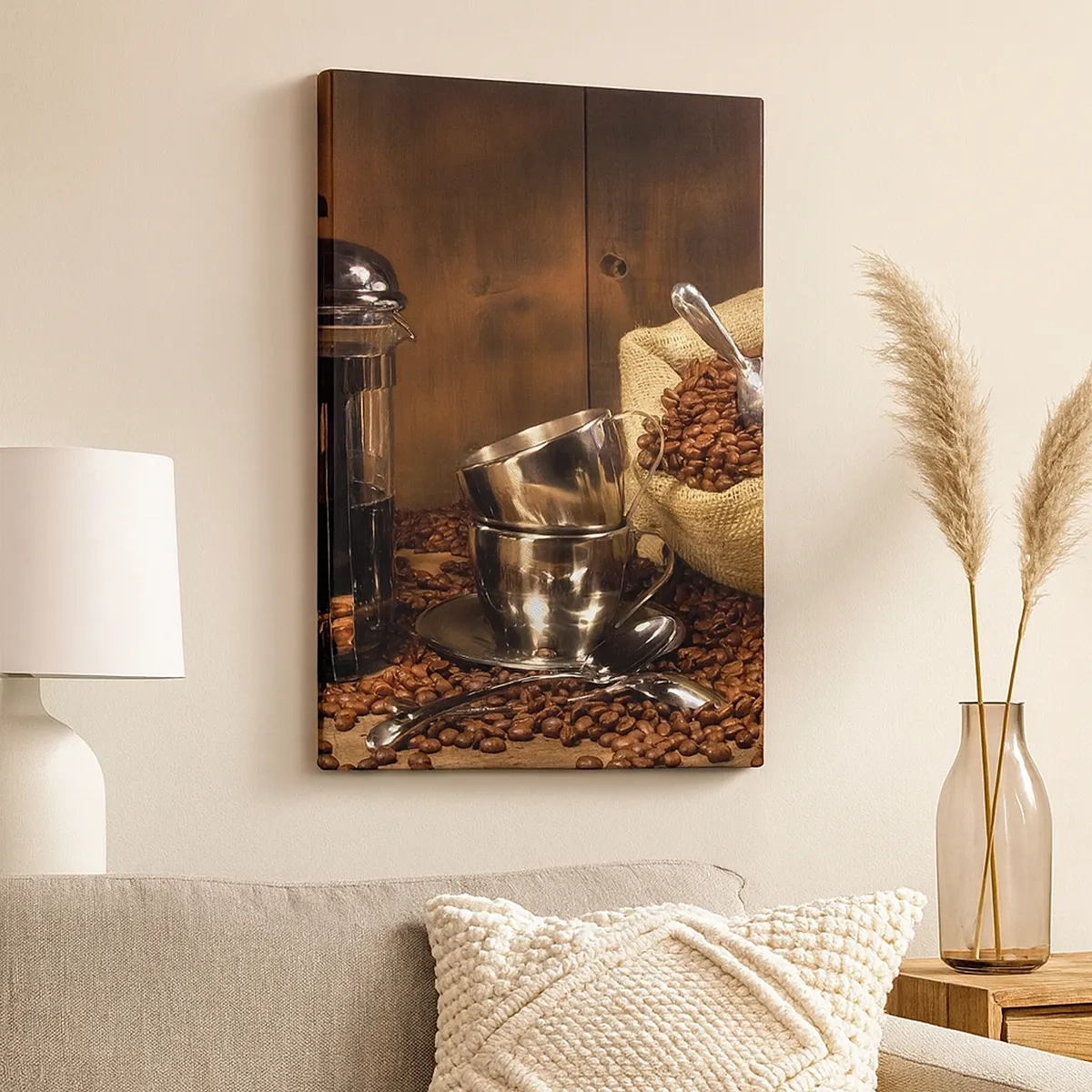 Bild auf Leinwand - Leinwandbild - French Press, Tassen und eine Tüte Kaffee auf einem hölzernen Hintergrund - 50x70cm - Der Charme des Kaffees - Aroma und Geschmack - Moderne Wanddekoration für Wohnzimmer und Schlafzimmer ARTTOR