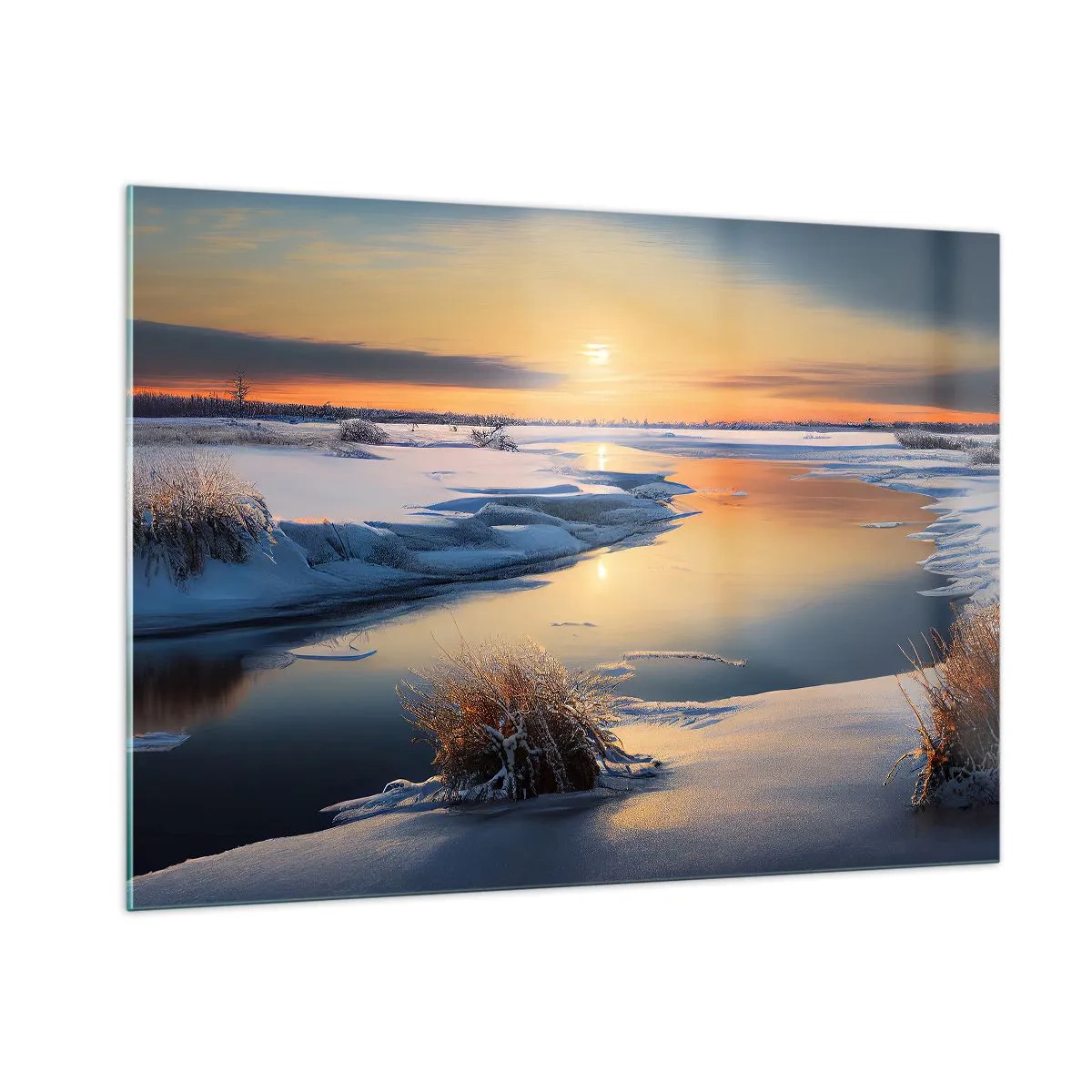 Glasbild - Bild auf glas - Winterlandschaft mit Sonnenuntergang über einem zugefrorenen Fluss - 100x70cm - Wintersonnenuntergang - Moderne Wanddekoration für Wohnzimmer und Schlafzimmer ARTTOR