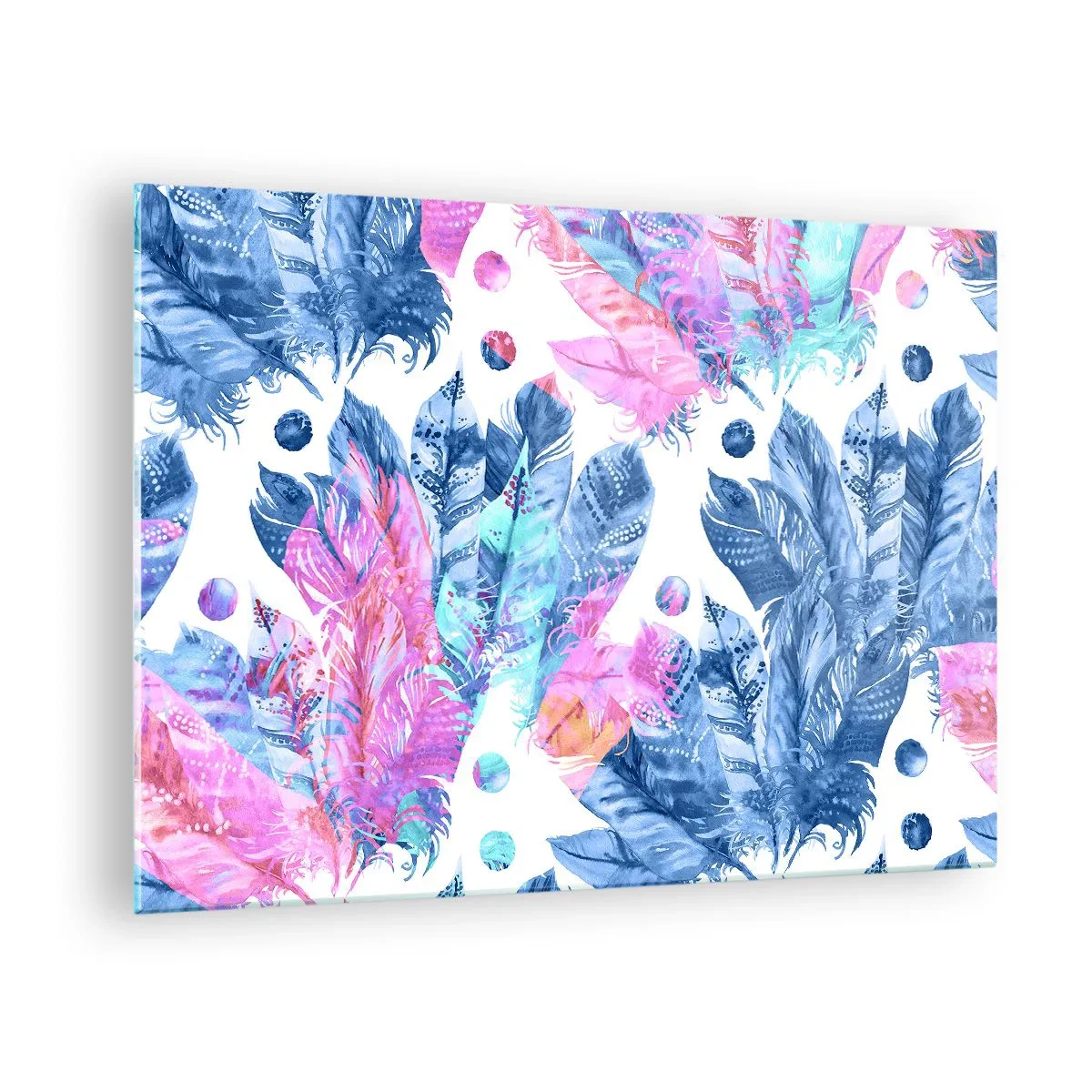 Glasbild - Bild auf glas - Bunte Federn in Rosa- und Blautönen auf weißem Hintergrund - 70x50cm - Pflaumen in Pink und Blau - Moderne Wanddekoration für Wohnzimmer und Schlafzimmer ARTTOR