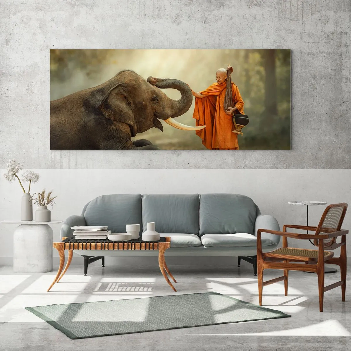 Glasbild - Bild auf glas - Ein Mönch und ein Elefant in Harmonie vor der Kulisse der Natur - 160x50cm - Treffen unterwegs - Moderne Wanddekoration für Wohnzimmer und Schlafzimmer ARTTOR
