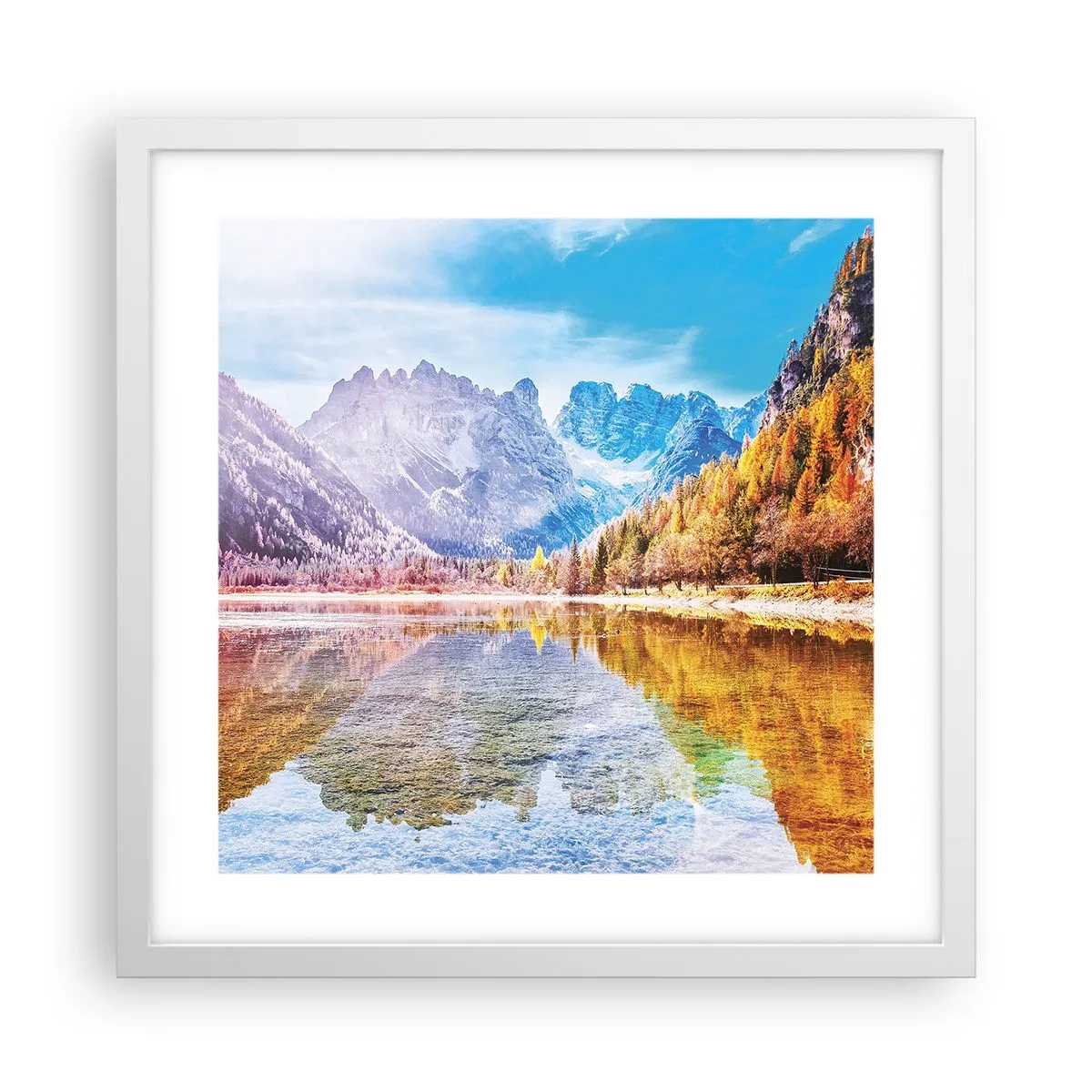 Poster in einem weißen Rahmen - Und in den Bergen ist es schon Herbst - 40x40 cm