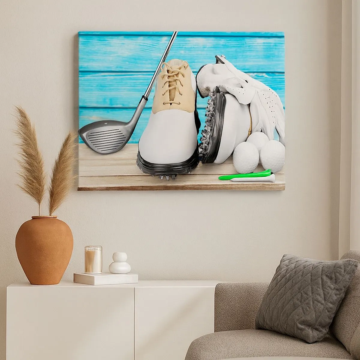 Bild auf Leinwand - Leinwandbild - Ein Set Golfzubehör auf einem hölzernen Hintergrund - 70x50cm - Alles ist bereit - Moderne Wanddekoration für Wohnzimmer und Schlafzimmer ARTTOR