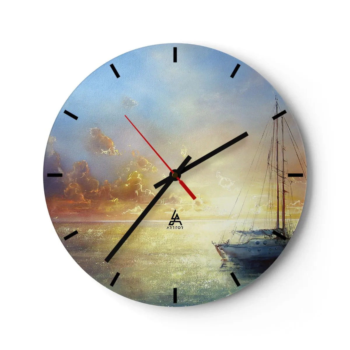 Wanduhr - Glasuhr - Ein Segelboot auf See bei Sonnenuntergang - 30x30cm - In einer goldenen Bucht - Moderne Wanddekoration für Wohnzimmer, Küche und Schlafzimmer ARTTOR
