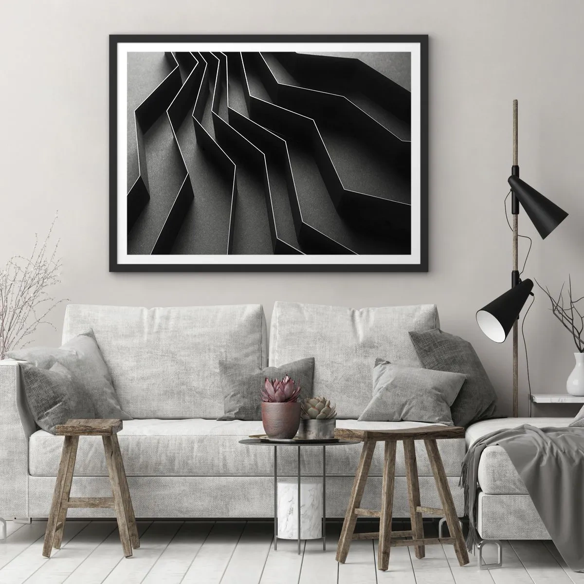 Poster in einem schwarzem Rahmen - Schwarz-weiße Abstraktion mit geometrischen Strukturen - 70x50cm - Räumliche Ordnung - Moderne Wanddekoration für Wohnzimmer und Schlafzimmer ARTTOR