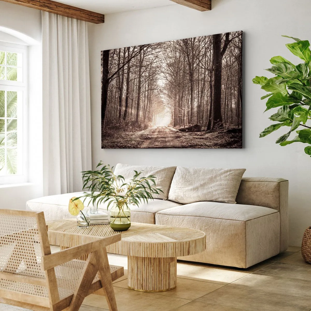 Bild auf Leinwand - Leinwandbild - Ein Waldweg zwischen sepiafarbenen Bäumen - 70x50cm - Waldkathedrale - Moderne Wanddekoration für Wohnzimmer und Schlafzimmer ARTTOR
