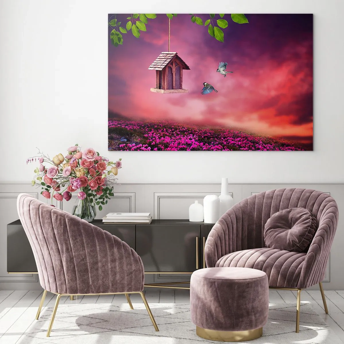 Glasbild - Bild auf glas - Ein Vogelhäuschen vor einem rosa Himmel - 120x80cm - Einladung zum Abendessen - Moderne Wanddekoration für Wohnzimmer und Schlafzimmer ARTTOR