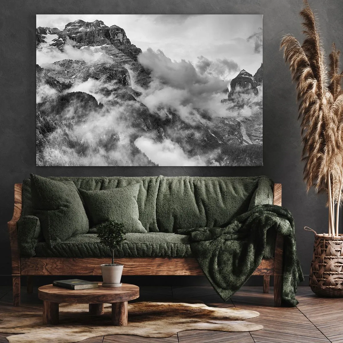 Bild auf Leinwand - Leinwandbild - Schwarz-Weiß-Ansicht der von Wolken umgebenen Berge - 120x80cm - Schön und grausam - Moderne Wanddekoration für Wohnzimmer und Schlafzimmer ARTTOR