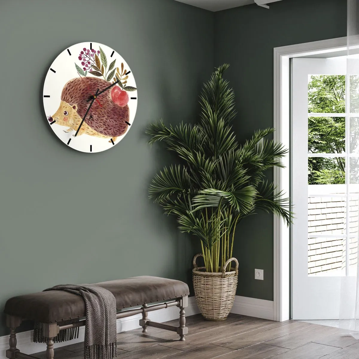 Wanduhr - Glasuhr - Igel mit Apfel und Zweigen auf hellem Hintergrund - 30x30cm - Und dann magst du mich schon - Moderne Wanddekoration für Wohnzimmer, Küche und Schlafzimmer ARTTOR