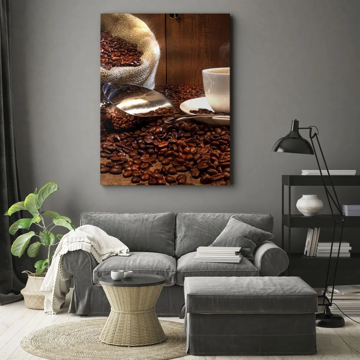 Bild auf Leinwand - Leinwandbild - Eine Tasse Kaffee mit Kaffeebohnen und einem Getreidesack im Hintergrund - 70x100cm - Fühlst du diesen Geruch? - Moderne Wanddekoration für Wohnzimmer und Schlafzimmer ARTTOR