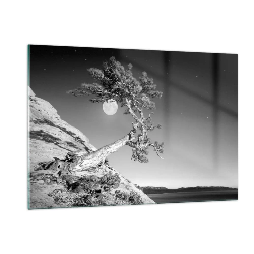 Glasbild - Bild auf glas - Ein schiefer Baum auf einem Hügel mit dem Mond im Hintergrund - 120x80cm - Siegreiche Kämpferin - Moderne Wanddekoration für Wohnzimmer und Schlafzimmer ARTTOR
