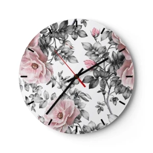 Wanduhr - Glasuhr - Rosa Rosen mit schwarzen und weißen Blättern - 30x30cm - Verliere dich in den Blüten der Rosen - Moderne Wanddekoration für Wohnzimmer, Küche und Schlafzimmer ARTTOR