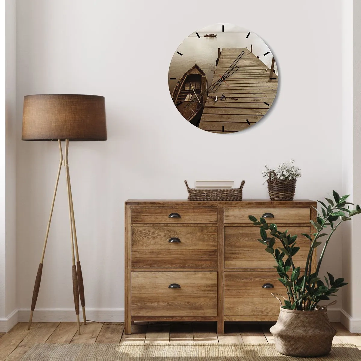 Wanduhr - Glasuhr - Ein Boot an einem hölzernen Pier in Sepia - 30x30cm - Großer Frieden - Moderne Wanddekoration für Wohnzimmer, Küche und Schlafzimmer ARTTOR