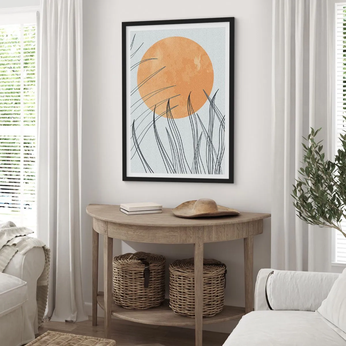 Poster in einem schwarzem Rahmen - Eine minimalistische Komposition mit Mond und Gras - 50x70cm - Immer der Sonne entgegen - Moderne Wanddekoration für Wohnzimmer und Schlafzimmer ARTTOR