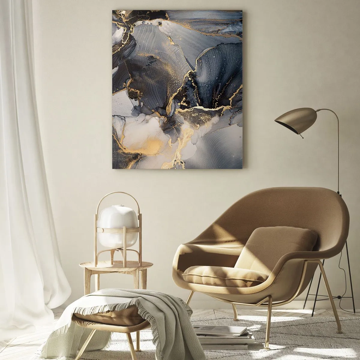 Glasbild - Bild auf glas - Dunkle Abstraktion mit Marmoreffekt und goldenen Adern - 50x70cm - Leben aus Stein - Moderne Wanddekoration für Wohnzimmer und Schlafzimmer ARTTOR