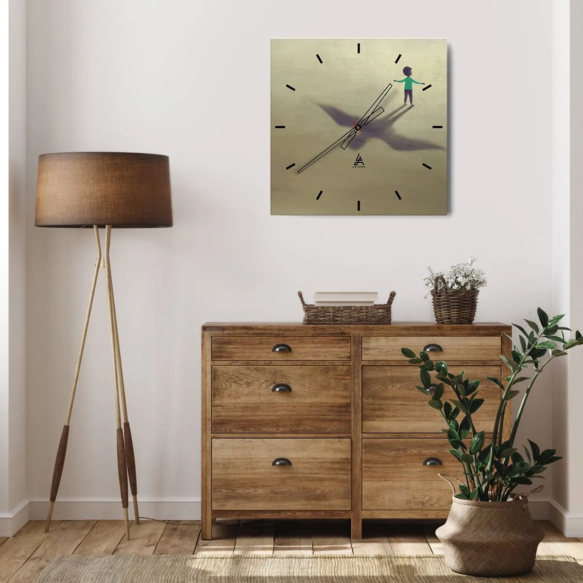Wanduhr - Glasuhr - Eine symbolische Figur eines Kindes mit dem Schatten eines Vogels vor einem Hintergrund in warmen Farbtönen. - 30x30cm - Der Held der Zukunft - Moderne Wanddekoration für Wohnzimmer und Schlafzimmer ARTTOR