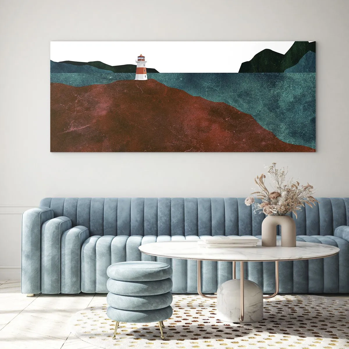 Glasbild - Bild auf glas - Ein Leuchtturm vor der Kulisse von Bergen und Meer - 140x50cm - Aufs Meer starren - Moderne Wanddekoration für Wohnzimmer und Schlafzimmer ARTTOR