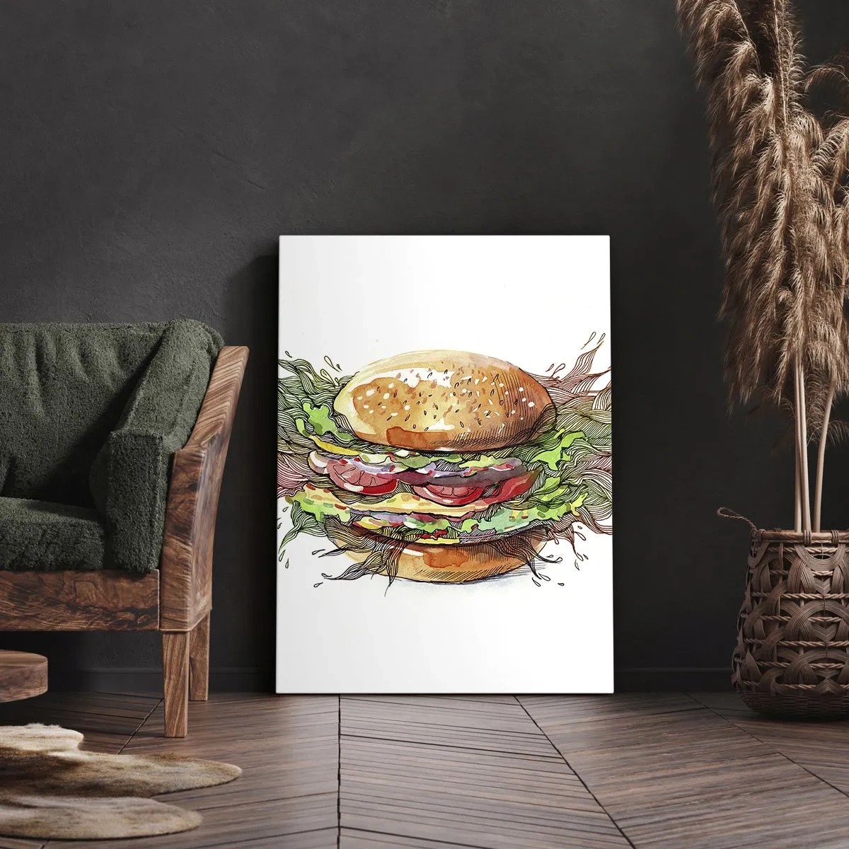 Bild auf Leinwand - Leinwandbild - Künstlerische Darstellung eines Burgers mit dynamischen Elementen - 50x70cm - Heiße Versuchung - Moderne Wanddekoration für Wohnzimmer und Schlafzimmer ARTTOR