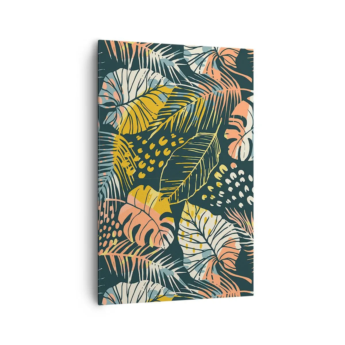 Bild auf Leinwand - Leinwandbild - Bunte Blätter auf dunklem Hintergrund - 80x120cm - Grüne Fantasie - Moderne Wanddekoration für Wohnzimmer und Schlafzimmer ARTTOR
