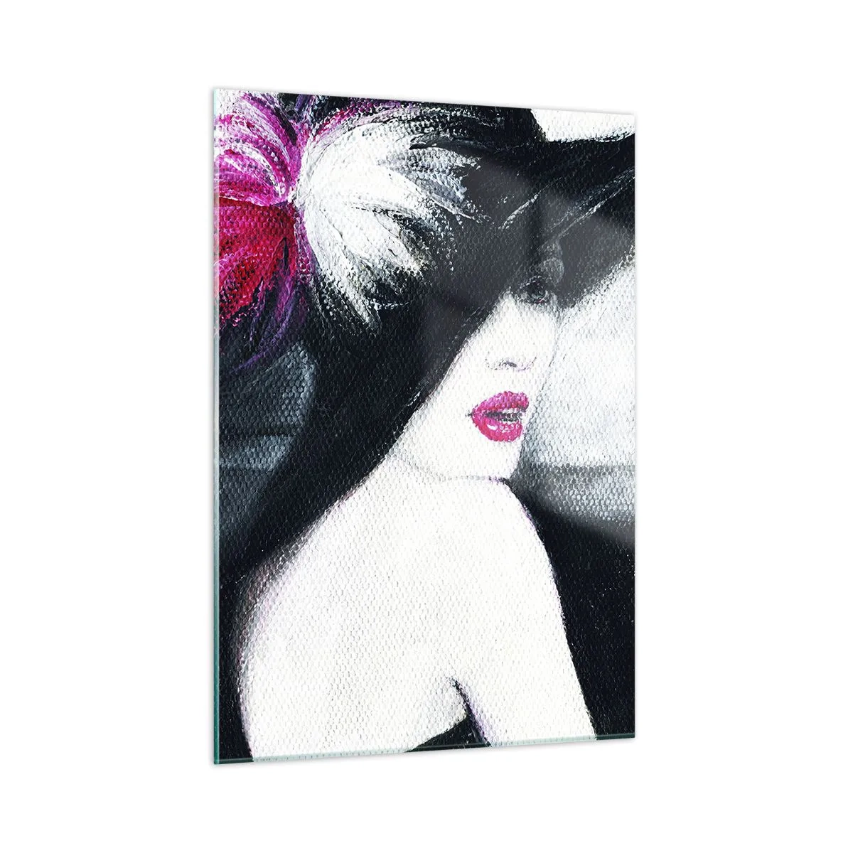 Glasbild - Bild auf glas - Porträt einer Frau mit großem Hut und rosa Feder - 50x70cm - Immer ein Geheimnis - Moderne Wanddekoration für Wohnzimmer und Schlafzimmer ARTTOR