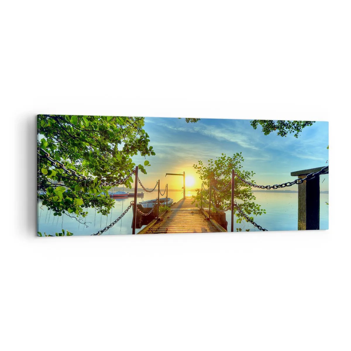 Bild auf Leinwand - Leinwandbild - Ein Pier über dem See in den Strahlen des Sonnenuntergangs - 140x50cm - Westen auf dem Wasser - Moderne Wanddekoration für Wohnzimmer und Schlafzimmer ARTTOR
