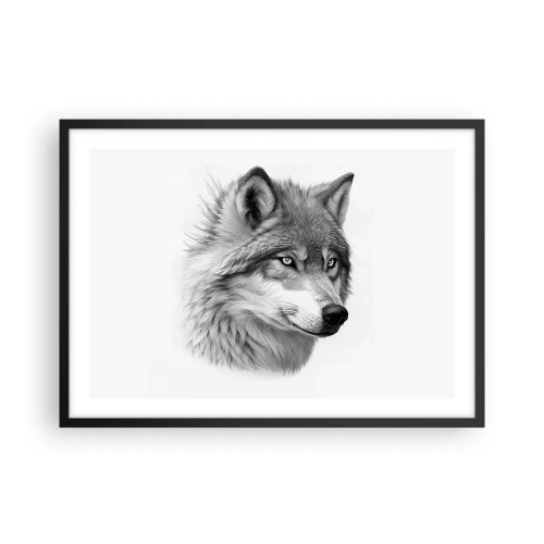Poster in einem schwarzem Rahmen - Ein realistisches Porträt eines Wolfes in Grautönen. - 70x50cm - Alpha – ohne Zweifel - Moderne Wanddekoration für Wohnzimmer und Schlafzimmer ARTTOR