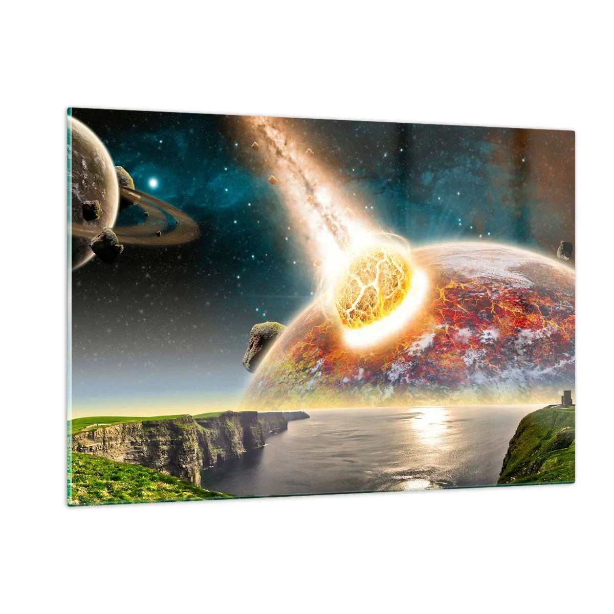 Glasbild - Bild auf glas - Ein Meteorit kollidiert im Weltraum mit einem Planeten. - 120x80cm - Kosmisches Drama - Moderne Wanddekoration für Wohnzimmer und Schlafzimmer ARTTOR