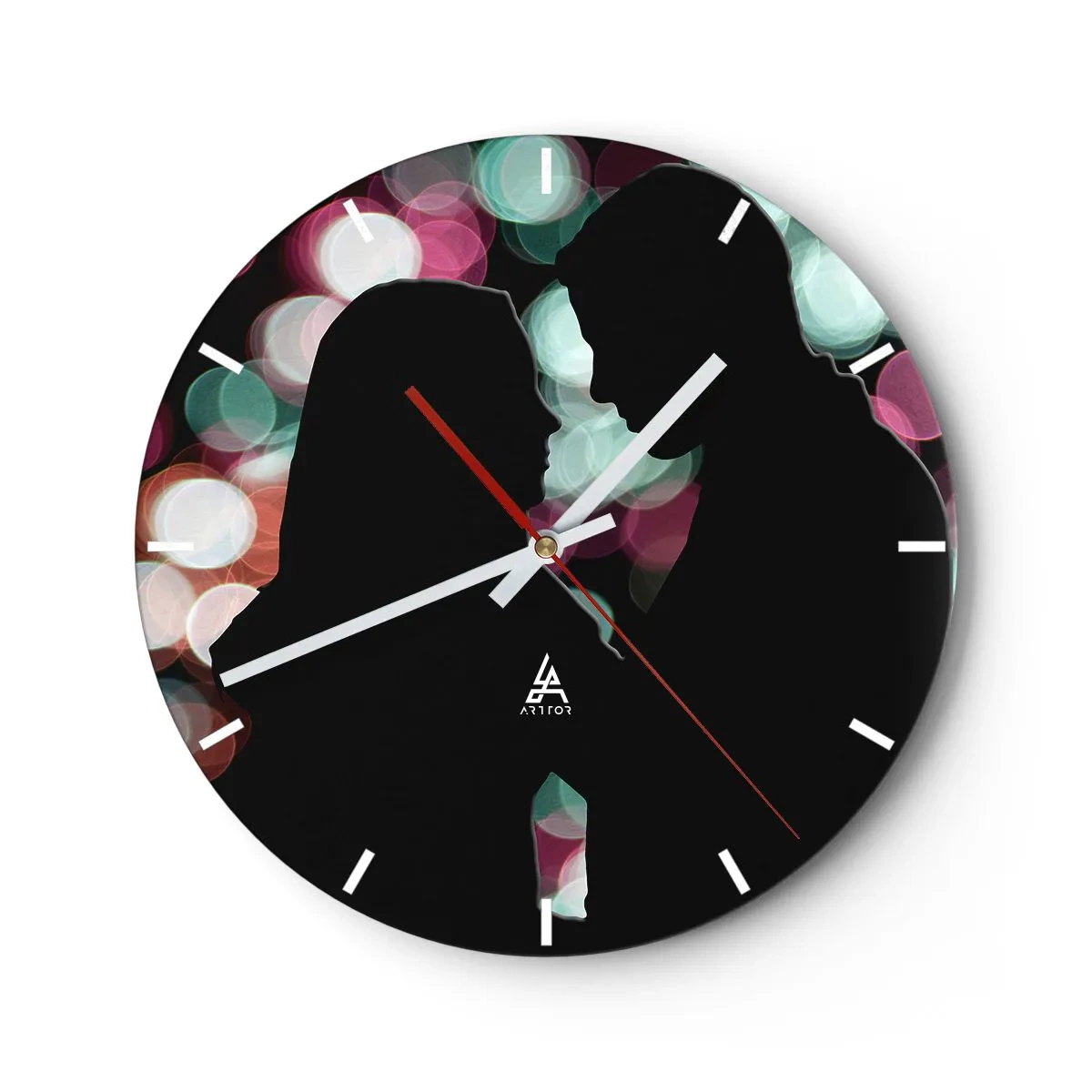 Wanduhr - Glasuhr - Silhouetten eines Paares vor dem Hintergrund bunter Bokeh-Lichter - 30x30cm - Jawohl! - Moderne Wanddekoration für Wohnzimmer, Küche und Schlafzimmer ARTTOR