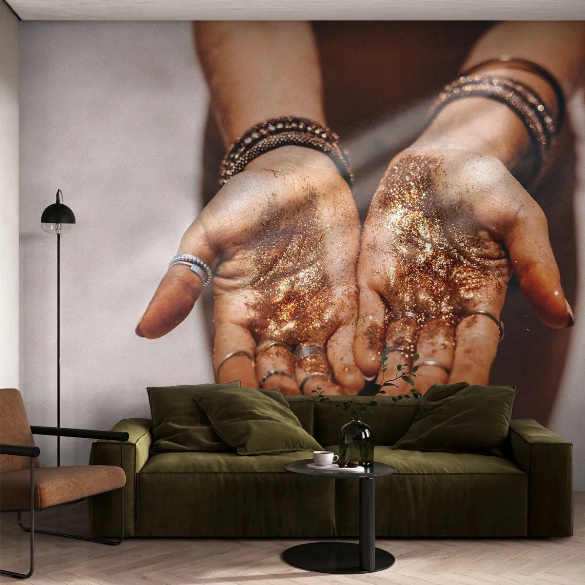 Selbstklebende Fototapete Deluxe Sticker - Ein Geschenk für dich - Frauenhände, Boho, Gold - 250x175 cm