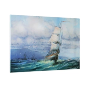 Glasbild - Bild auf glas - Ein Schiff mit Segeln segelt auf stürmischer See unter einem bewölkten Himmel - 100x70cm - Guter Wind - Moderne Wanddekoration für Wohnzimmer und Schlafzimmer ARTTOR