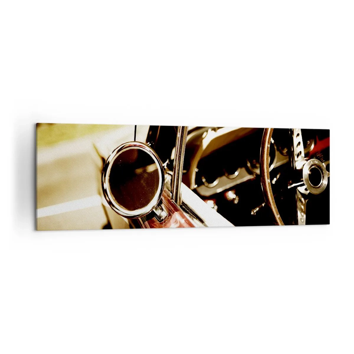 Bild auf Leinwand - Leinwandbild - Nahaufnahme des Spiegels und des Innenraums eines klassischen Retro-Autos - 160x50cm - Ein Auto mit Seele - Moderne Wanddekoration für Wohnzimmer und Schlafzimmer ARTTOR