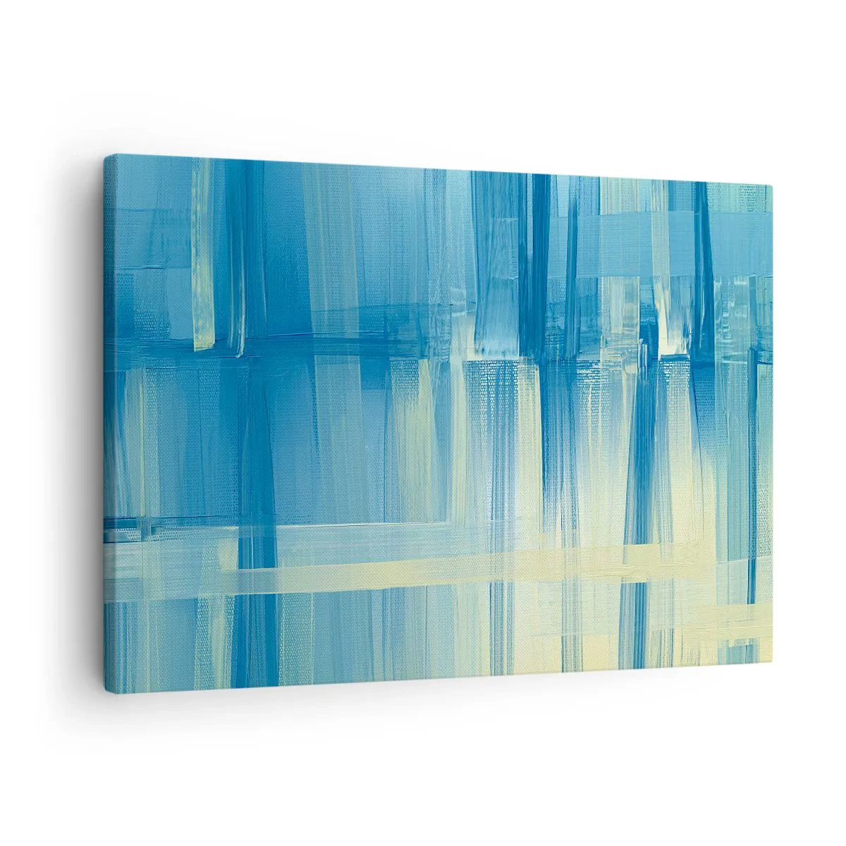 Bild auf Leinwand - Leinwandbild - Ein abstraktes Gemälde in Türkis- und Blautönen mit geometrischen Pinselstrichen. - 70x50cm - Komposition in Türkis - Moderne Wanddekoration für Wohnzimmer und Schlafzimmer ARTTOR