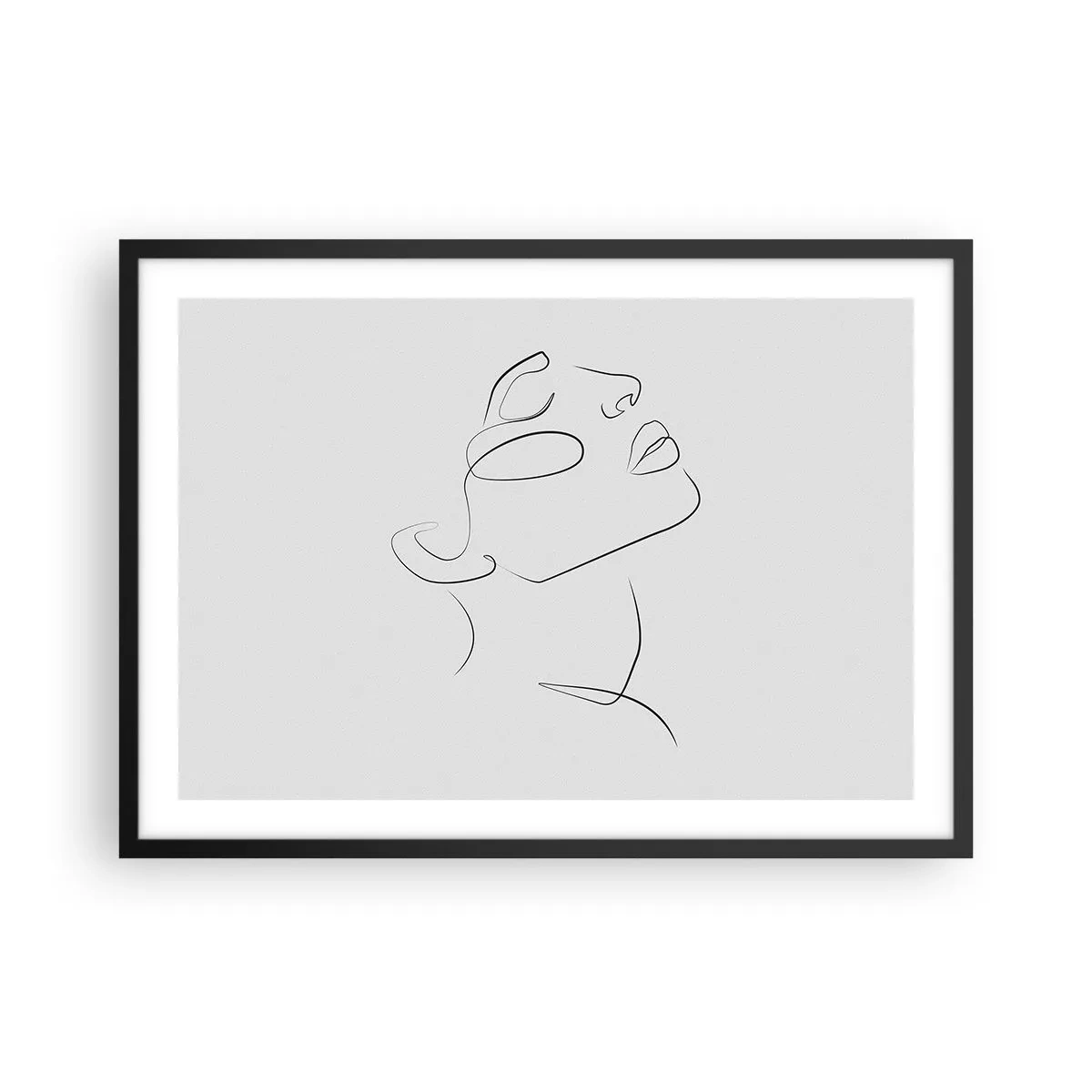 Poster in einem schwarzem Rahmen - Eine minimalistische Skizze des Gesichts einer Frau im Profil. - 70x50cm - Die Drehungen und Wendungen der Träume - Moderne Wanddekoration für Wohnzimmer und Schlafzimmer ARTTOR