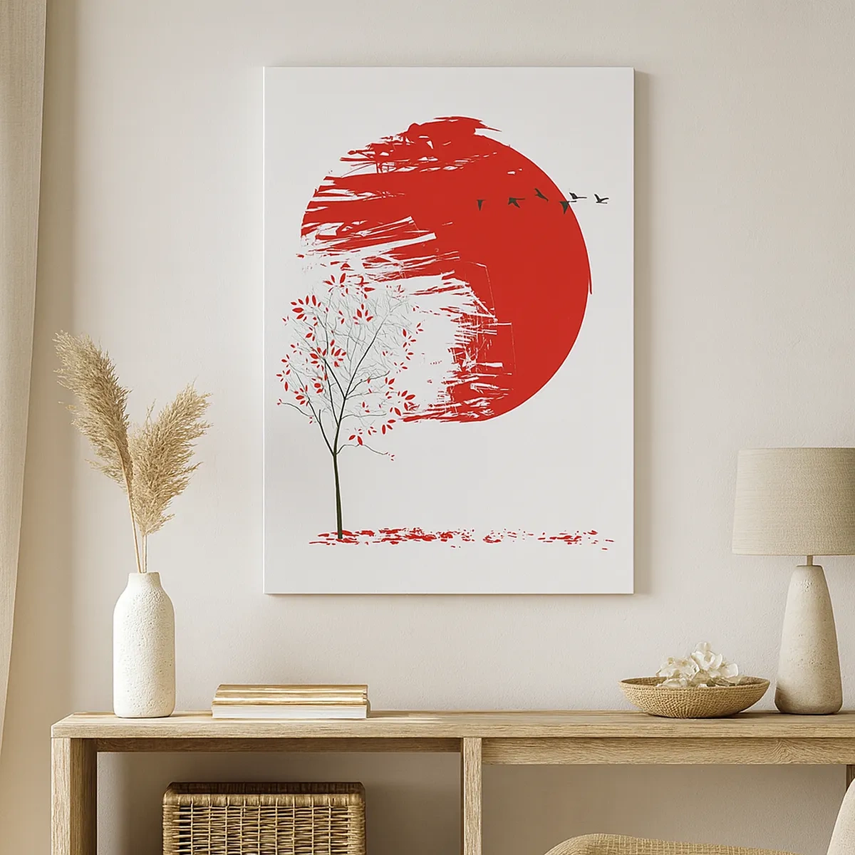 Bild auf Leinwand - Leinwandbild - Roter Kreis und Baum im japanischen Stil - 50x70cm - Kennst du dieses Land? - Moderne Wanddekoration für Wohnzimmer und Schlafzimmer ARTTOR