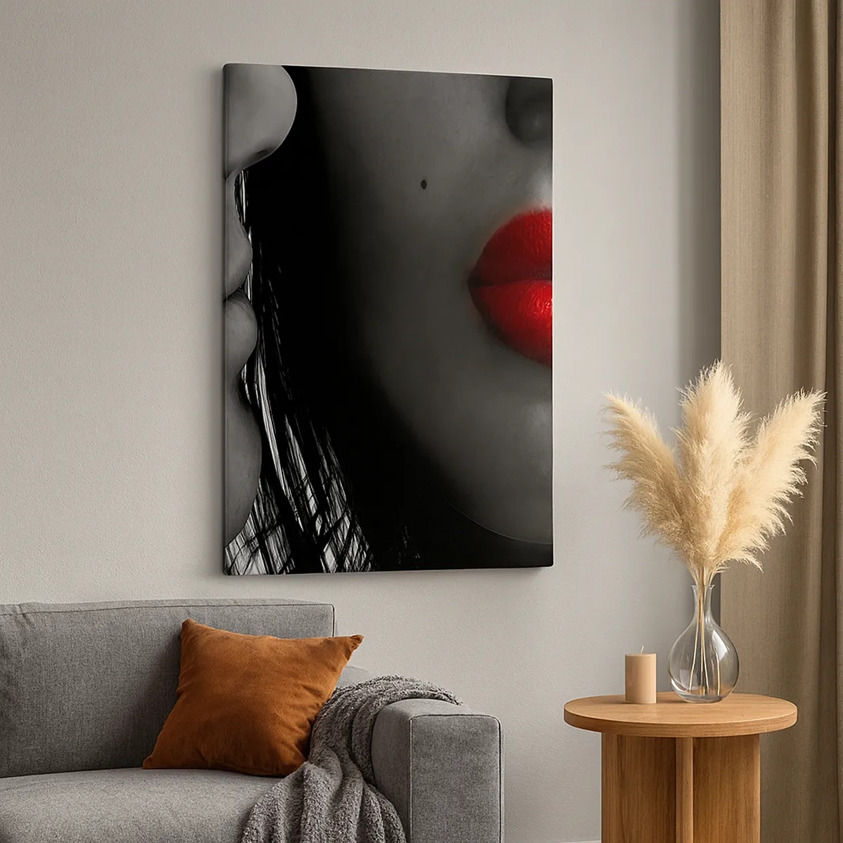 Bild auf Leinwand - Leinwandbild - Nahaufnahme der Gesichter einer Frau und eines Mannes mit roten Lippen. - 50x70cm - Gesicht am Gesicht - Moderne Wanddekoration für Wohnzimmer und Schlafzimmer ARTTOR