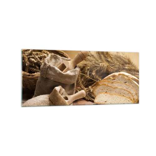 Glasbild - Bild auf glas - Eine Landschaft mit Brot, Mehl und Ähren im rustikalen Stil. - 120x50cm - Wie mit einem Messer geschnitten - Moderne Wanddekoration für Wohnzimmer und Schlafzimmer ARTTOR
