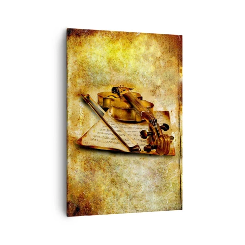 Bild auf Leinwand - Leinwandbild - Eine Geige mit Notenblättern vor einem Vintage-Hintergrund in warmen Tönen - 70x100cm - Ein Virtuose dringend benötigt - Moderne Wanddekoration für Wohnzimmer und Schlafzimmer ARTTOR