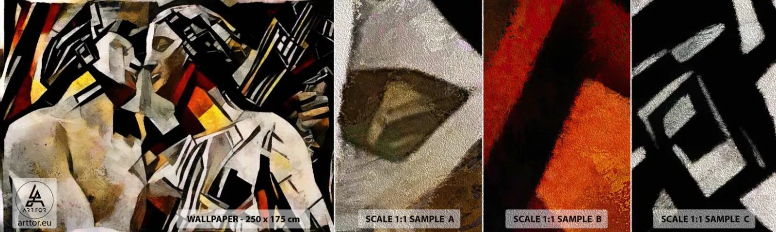 Fototapeten Muster Premium Sand - Ein statuenhafter Kuss - Verliebtes Pärchen, Kubismus, Kuss - 100x30 cm