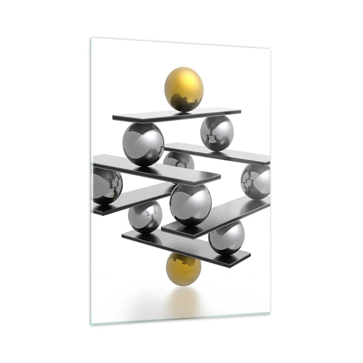 Glasbild - Bild auf glas - Geometrische Komposition mit Kugeln und Plattformen auf weißem Hintergrund - 50x70cm - Gold- und Silberbalance - Moderne Wanddekoration für Wohnzimmer und Schlafzimmer ARTTOR