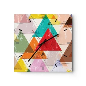 Wanduhr - Glasuhr - Bunte Abstraktion mit geometrischen Dreiecken - 30x30cm - Drei mal drei - Moderne Wanddekoration für Wohnzimmer und Schlafzimmer ARTTOR