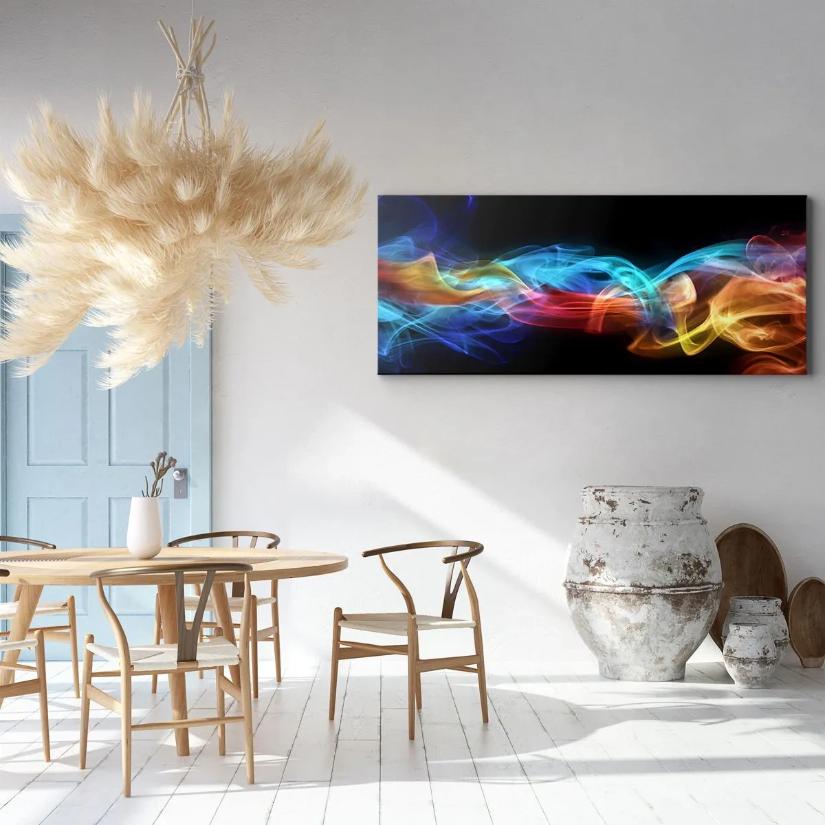 Bild auf Leinwand - Leinwandbild - Bunter Rauch auf schwarzem Hintergrund - 160x50cm - Regenbogentanz der Nebel - Moderne Wanddekoration für Wohnzimmer und Schlafzimmer ARTTOR