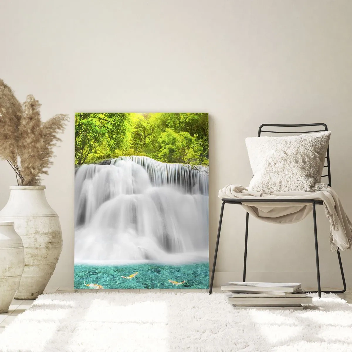 Glasbild - Bild auf glas - Ein Wasserfall in einem tropischen Wald mit türkisfarbenem Wasser - 80x120cm - Eine schaumige Kaskade von grün bis azurblau - Moderne Wanddekoration für Wohnzimmer und Schlafzimmer ARTTOR