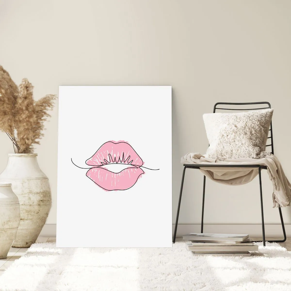 Poster - Minimalistische Illustration von rosa Lippen auf weißem Hintergrund - 50x70cm - Bereit zum Küssen? - Moderne Wanddekoration für Wohnzimmer und Schlafzimmer ARTTOR