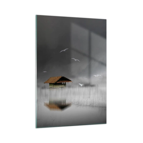 Glasbild - Bild auf glas - Ein Haus auf dem Wasser im Nebel mit fliegenden Vögeln - 50x70cm - Schutz vor Regen - Moderne Wanddekoration für Wohnzimmer und Schlafzimmer ARTTOR