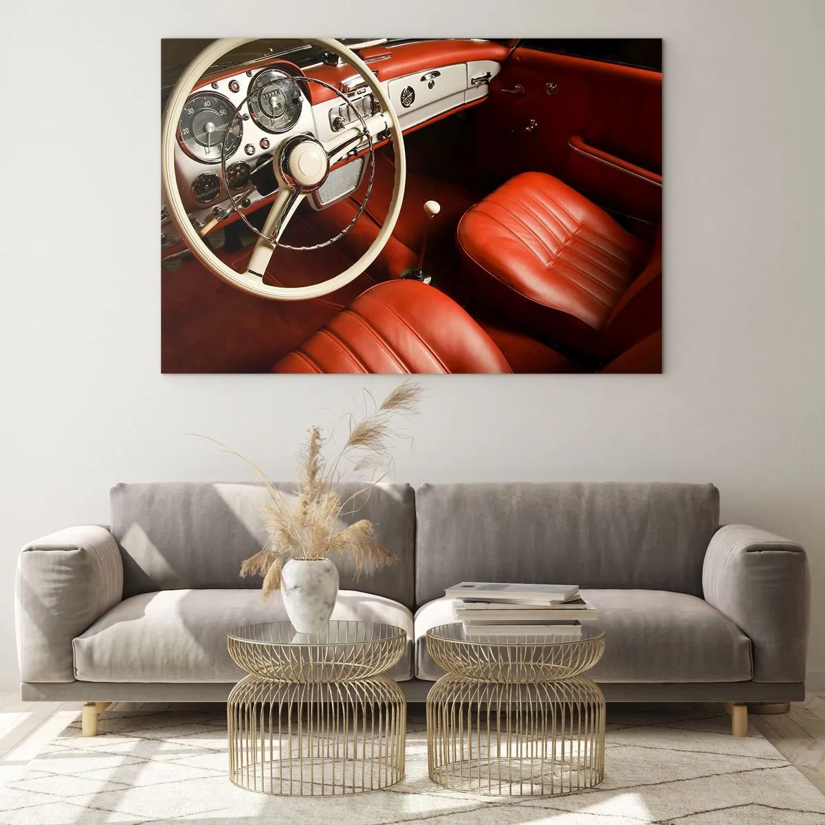 Glasbild - Bild auf glas - Oldtimer-Innenraum mit roten Sitzen - 70x50cm - Luxus im Vintagestil - Moderne Wanddekoration für Wohnzimmer und Schlafzimmer ARTTOR