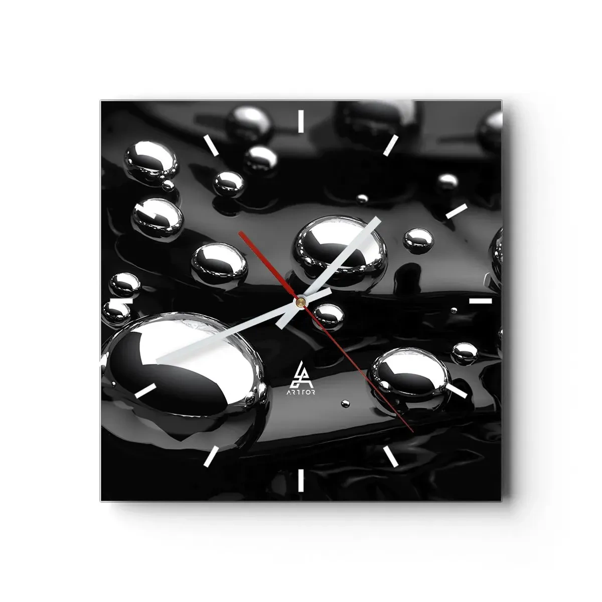 Wanduhr - Glasuhr - Abstrakte Tropfen auf einer schwarzen Oberfläche - 30x30cm - Aus der schwarzen Wassertiefe - Moderne Wanddekoration für Wohnzimmer und Schlafzimmer ARTTOR